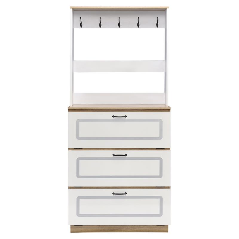 ACME Hewett Wooden Shoe Cabinet with 10 Metal Hooks in Light Oak and White