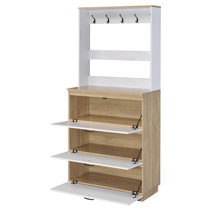 ACME Hewett Wooden Shoe Cabinet with 10 Metal Hooks in Light Oak and White