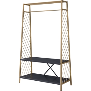 acme pahor trapezoid metal hall tree with 2 tier shelves in gold and black