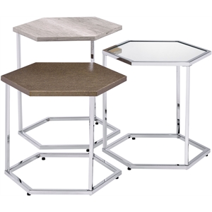 acme simno hexagon top nesting tables in gray washed and chrome metal