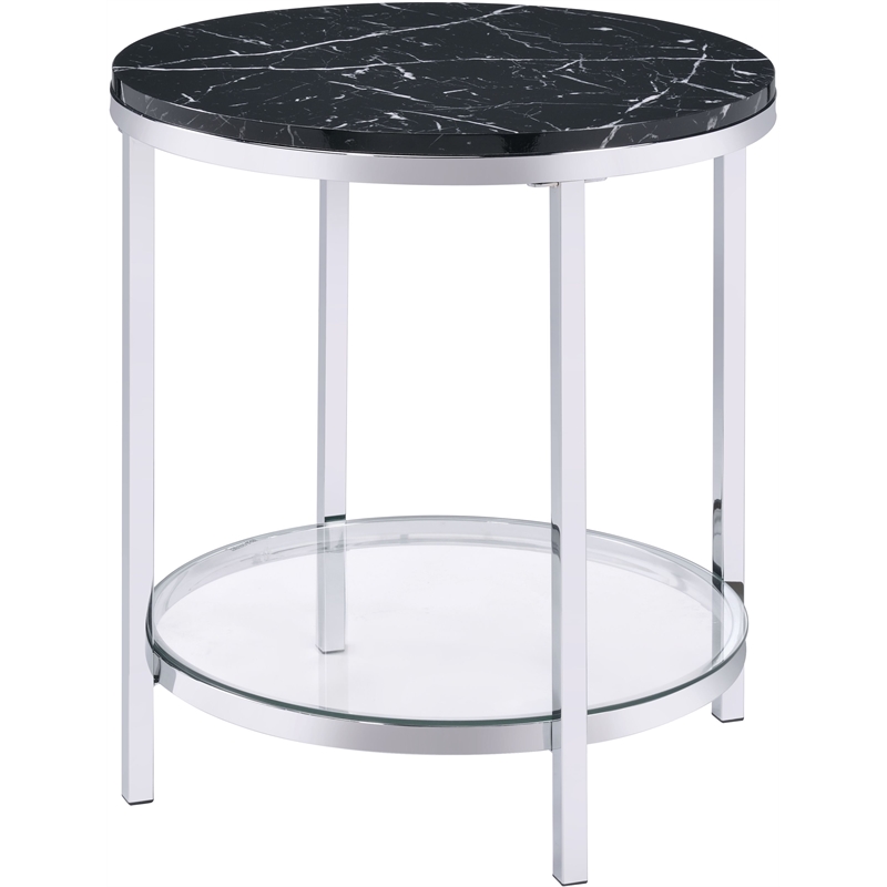 ACME Virlana Round Faux Marble Top End Table with Metal Base in Black and Chrome
