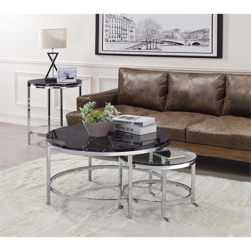 ACME Virlana Round Faux Marble Top End Table with Metal Base in Black and Chrome
