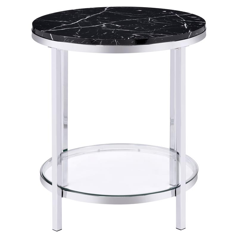 ACME Virlana Round Faux Marble Top End Table with Metal Base in Black and Chrome