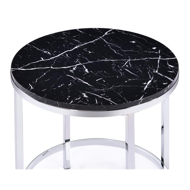 ACME Virlana Round Faux Marble Top End Table with Metal Base in Black and Chrome
