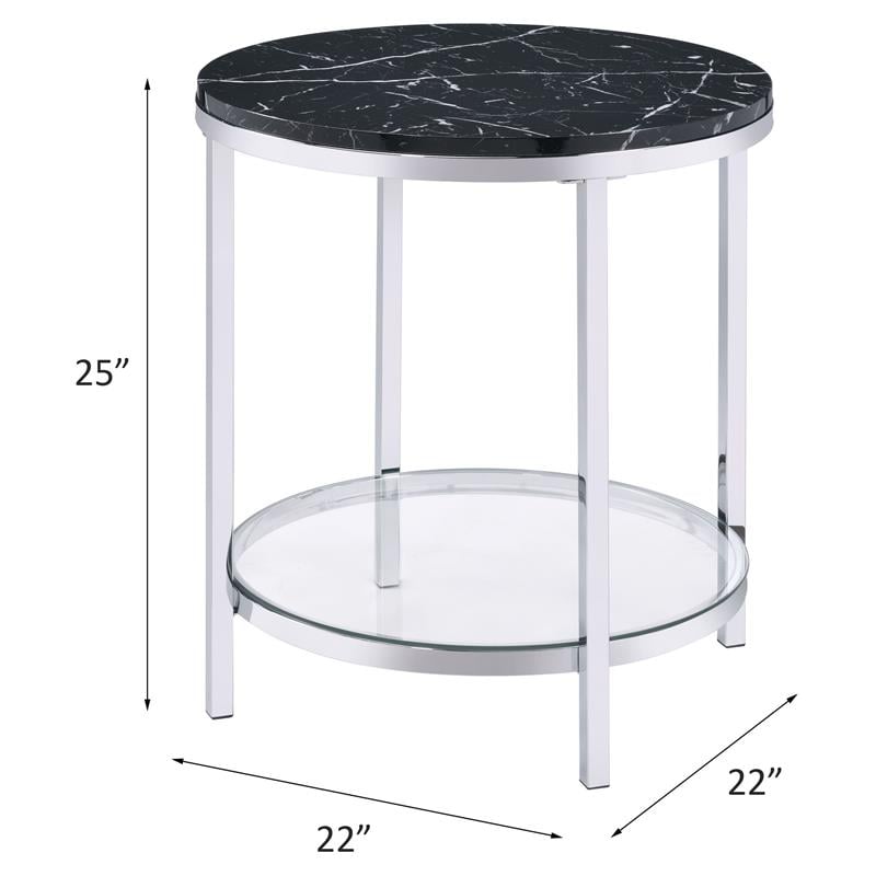 ACME Virlana Round Faux Marble Top End Table with Metal Base in Black and Chrome