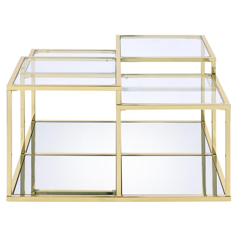 acme uchenna glass top coffee table with metal frame in clear glass and gold