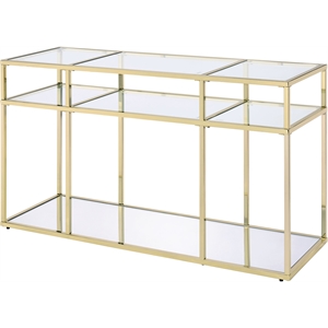 acme uchenna glass sofa table with metal frame in clear and gold