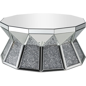acme noralie glass coffee table in mirrored and faux diamonds