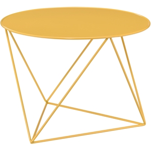acme epidia metal accent table with round top and geometric base in yellow