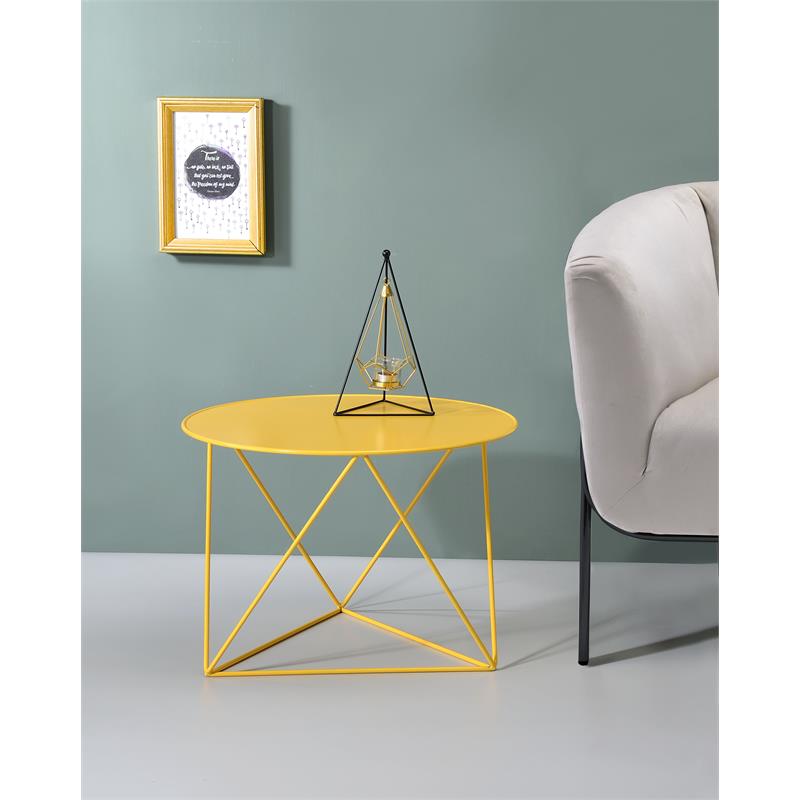 ACME Epidia Metal Accent Table with Round Top and Geometric Base in Yellow