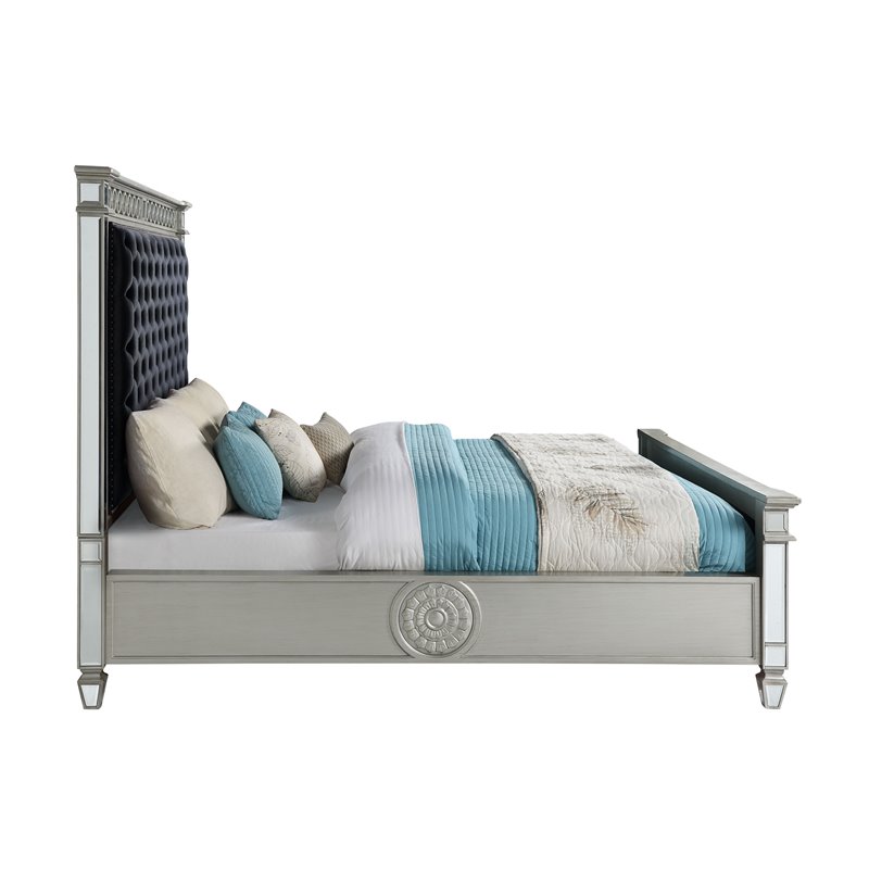 ACME Varian Tufted Upholstered Queen Bed in Black Velvet and Mirrored