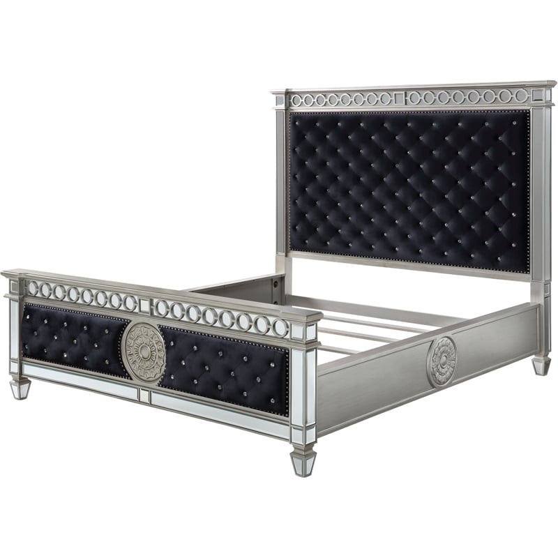 ACME Varian Tufted Upholstered Queen Bed in Black Velvet and Mirrored