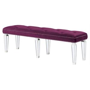 acme varian armless tufted velvet bench in burgundy and mirrored