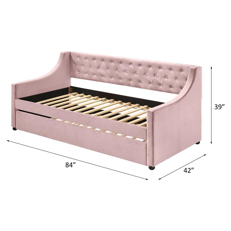 ACME Lianna Button Tufted Velvet Upholstered Twin Daybed and Trundle in Pink