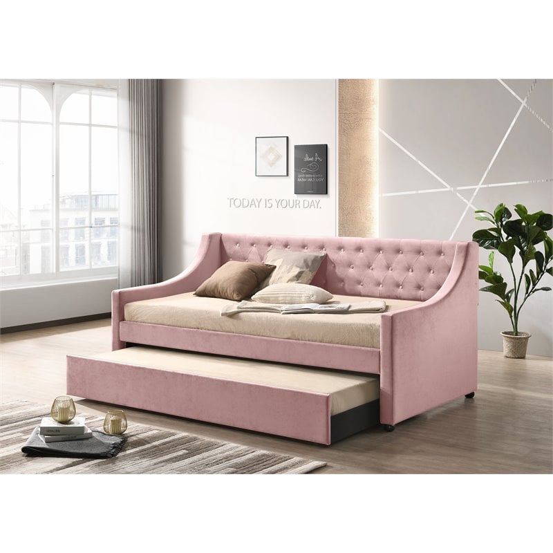 ACME Lianna Button Tufted Velvet Upholstered Twin Daybed and Trundle in Pink