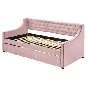 acme lianna button tufted velvet upholstered twin daybed and trundle in pink