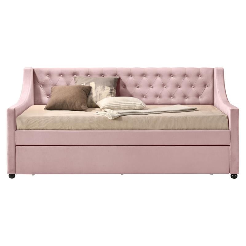 ACME Lianna Button Tufted Velvet Upholstered Twin Daybed and Trundle in Pink