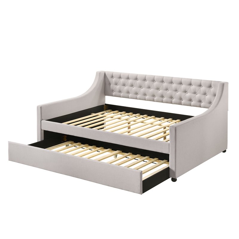 ACME Lianna Tufted Upholstered Full Daybed and Twin Trundle in Beige Fabric
