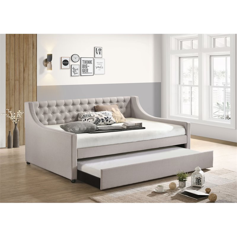 ACME Lianna Tufted Upholstered Full Daybed and Twin Trundle in Beige Fabric