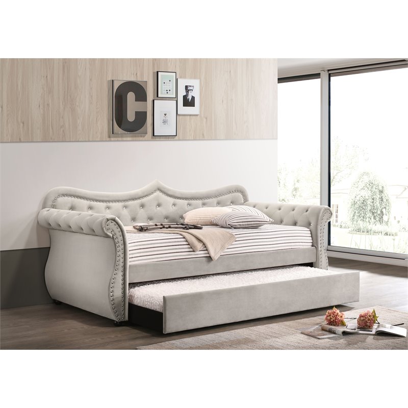 ACME Adkins Tufted Upholstered Twin Daybed and Trundle in Beige Velvet