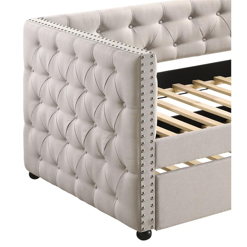 ACME Romona Button Tufted Fabric Upholstered Twin Daybed and Trundle in Beige