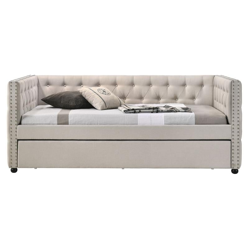 ACME Romona Button Tufted Fabric Upholstered Twin Daybed and Trundle in Beige
