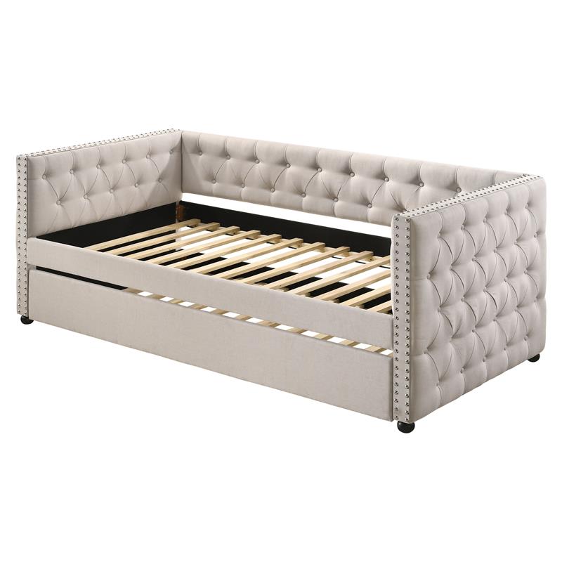 ACME Romona Button Tufted Fabric Upholstered Full Daybed and Trundle in Beige
