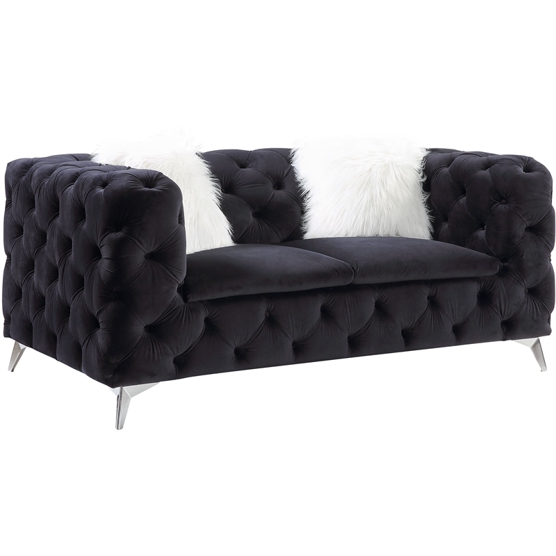 ACME Phifina Button Tufted Velvet Upholstered Loveseat with 2 Pillows in Black