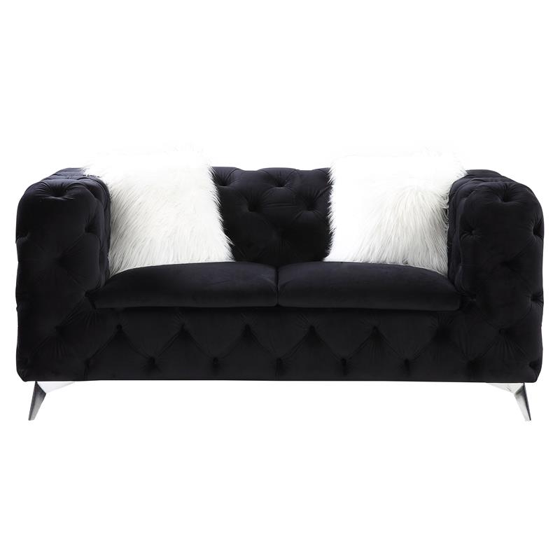 ACME Phifina Button Tufted Velvet Upholstered Loveseat with 2 Pillows in Black