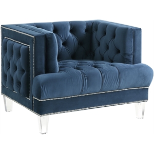 acme ansario button tufted velvet upholstery chair with nailhead trim in blue