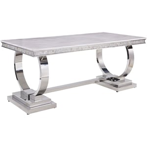 ACME Zander Dining Table in White Printed Faux Marble and Mirrored Silver