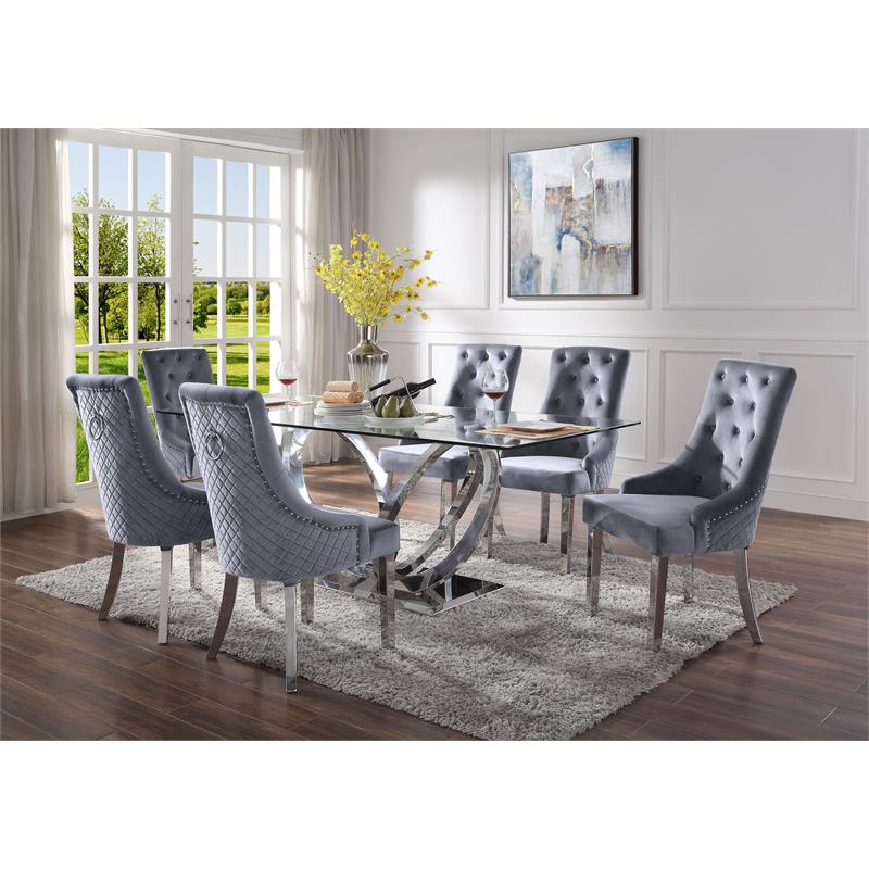 ACME Satinka Tufted Fabric Side Chair in Gray and Mirrored Silver (Set of 2)