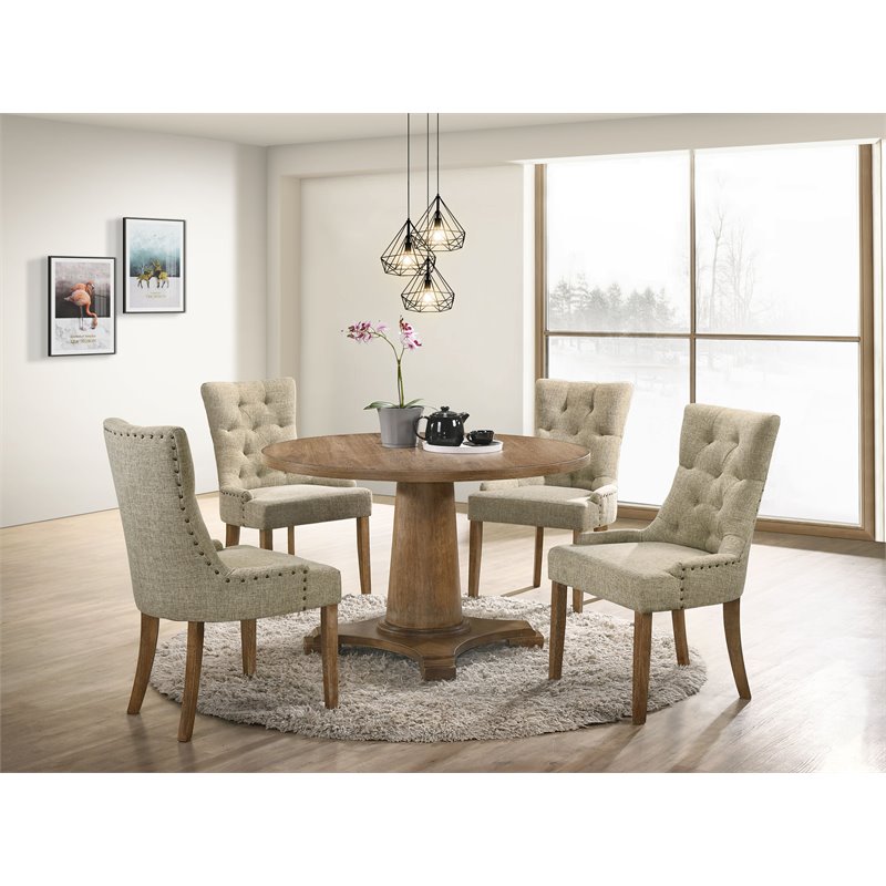 ACME Yotam Fabric Tufted Nail-head Trim Side Chair in Beige and Salvaged Oak