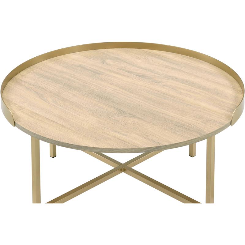 ACME Mithea Round Wooden Coffee Table with Tray Top in Oak and Gold