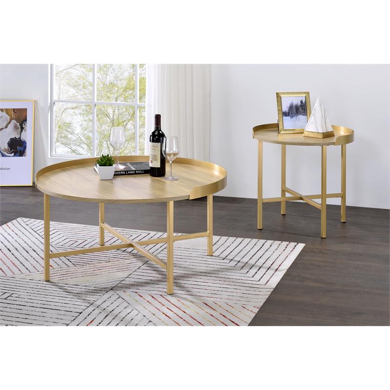 ACME Mithea Round Wooden Coffee Table with Tray Top in Oak and Gold