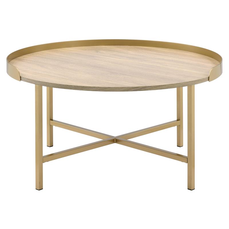 ACME Mithea Round Wooden Coffee Table with Tray Top in Oak and Gold