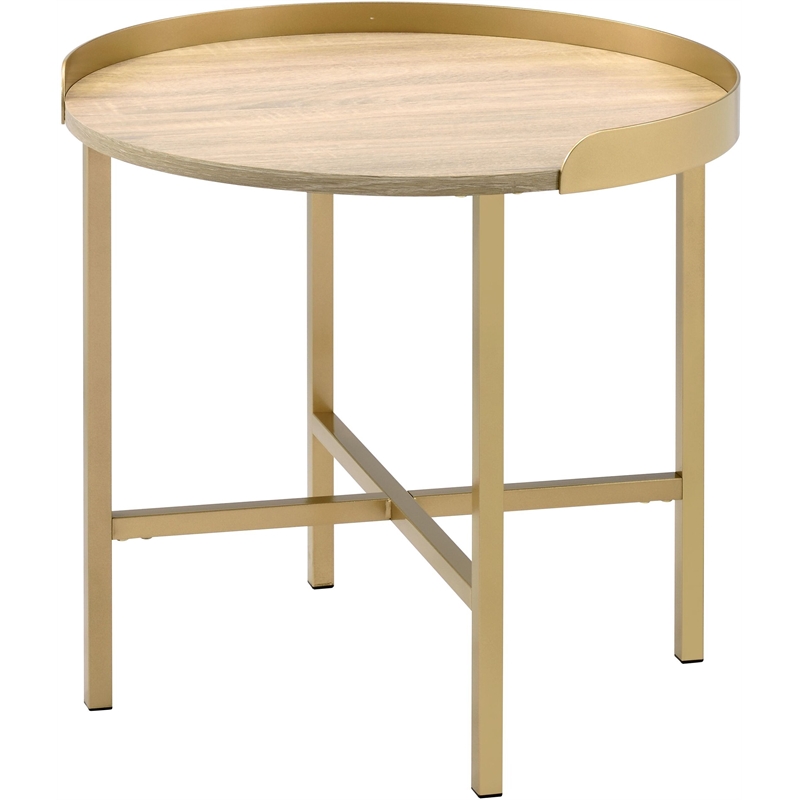 ACME Mithea Round Wooden Top End Table with Cross Bar Base in Oak and