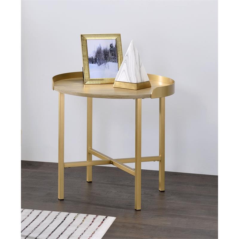acme mithea round wooden top end table with cross bar base in oak and gold