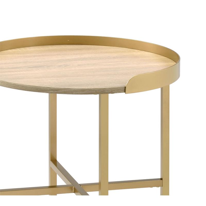 acme mithea round wooden top end table with cross bar base in oak and gold