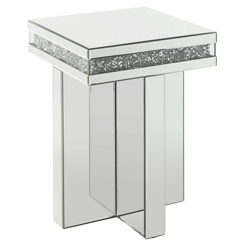 ACME Noralie Square Glass End Table with Cross Base in Mirrored
