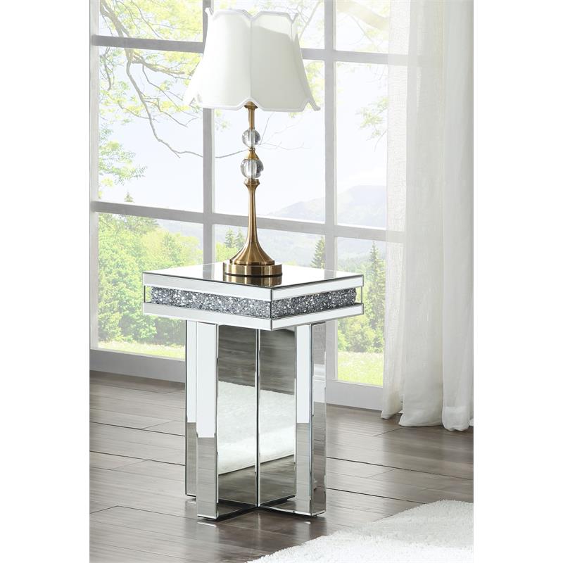 ACME Noralie Square Glass End Table with Cross Base in Mirrored