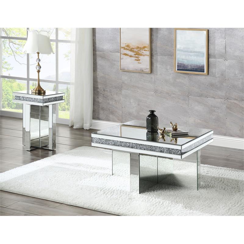 ACME Noralie Square Glass End Table with Cross Base in Mirrored