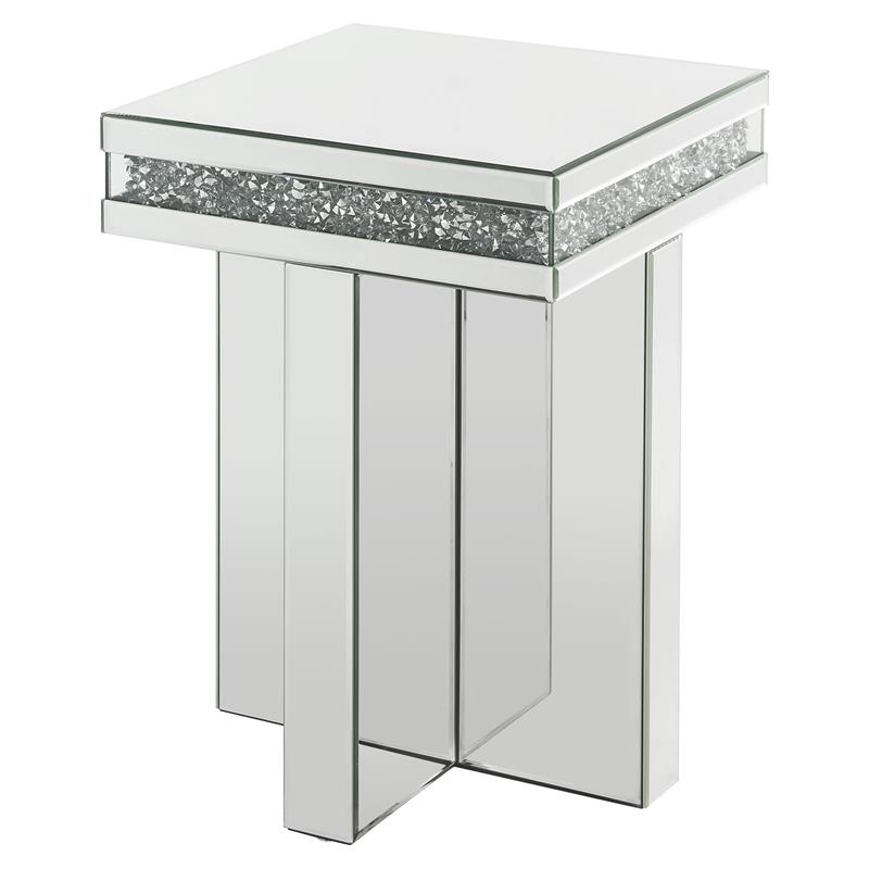 ACME Noralie Square Glass End Table with Cross Base in Mirrored