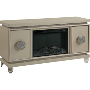 acme noralie fireplace in ivory pu and faux diamonds