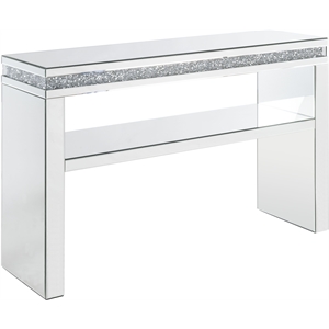 acme noralie glass sofa table with 1 storage shelf in mirrored and faux diamonds