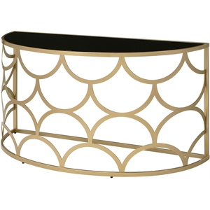 acme altus half moon glass top console table with metal base in gold