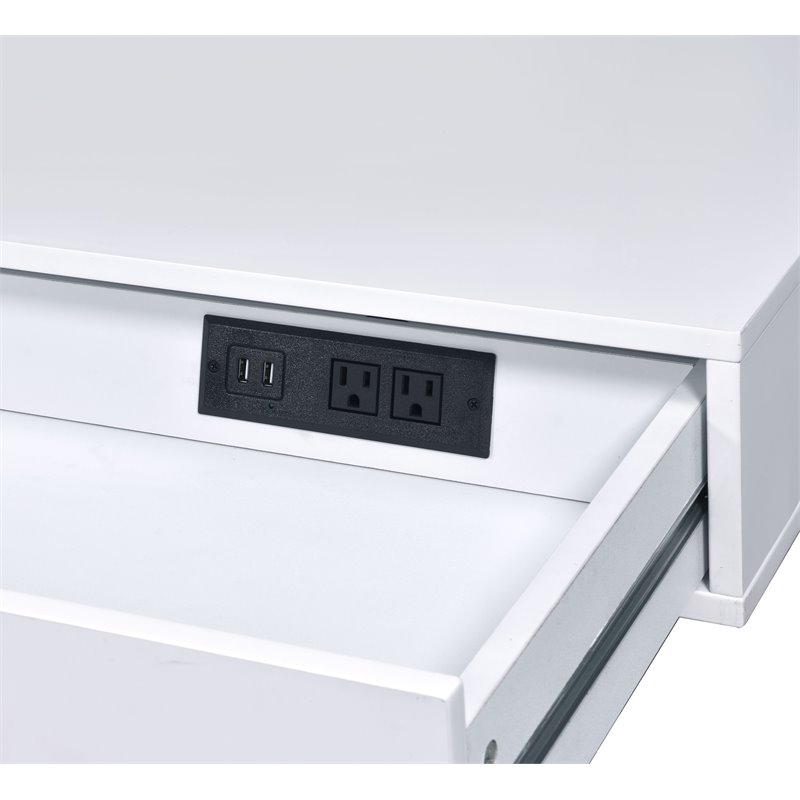 ACME Coleen Wooden Top Writing Desk with USB Port in White High Gloss and Chrome