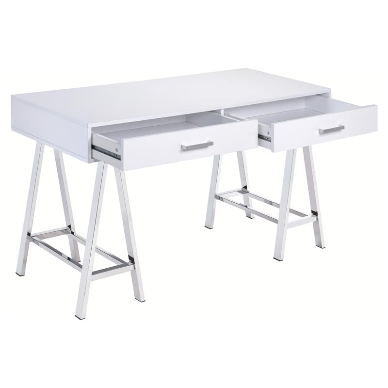 ACME Coleen Wooden Top Writing Desk with USB Port in White High Gloss and Chrome