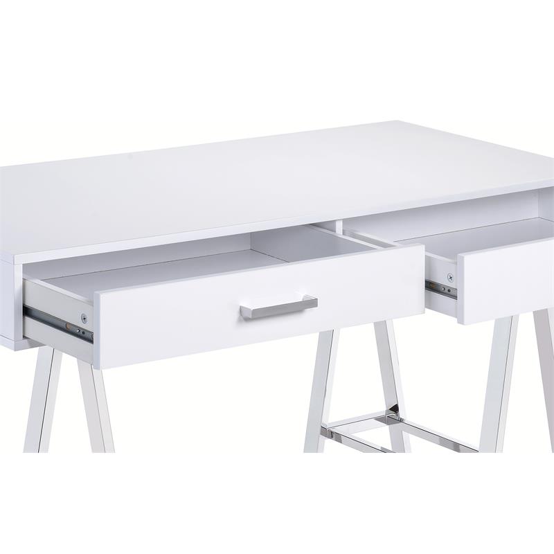 ACME Coleen Wooden Top Writing Desk with USB Port in White High Gloss and Chrome