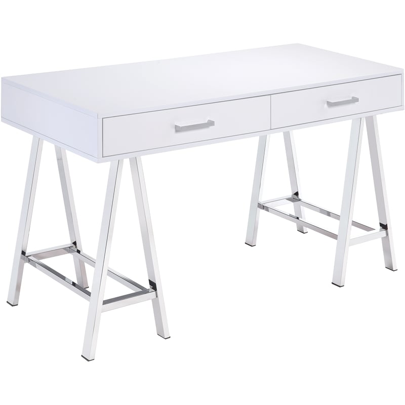 ACME Coleen Wooden Top Writing Desk with USB Port in White High Gloss and Chrome